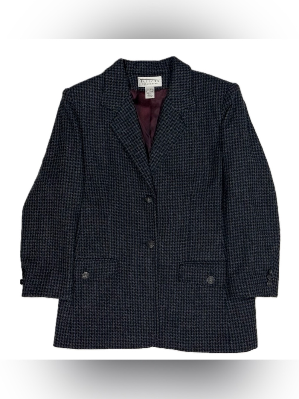 Vtg Talbots Collection USA Lamb Wool Navy Houndstooth Academia Blazer Women 12